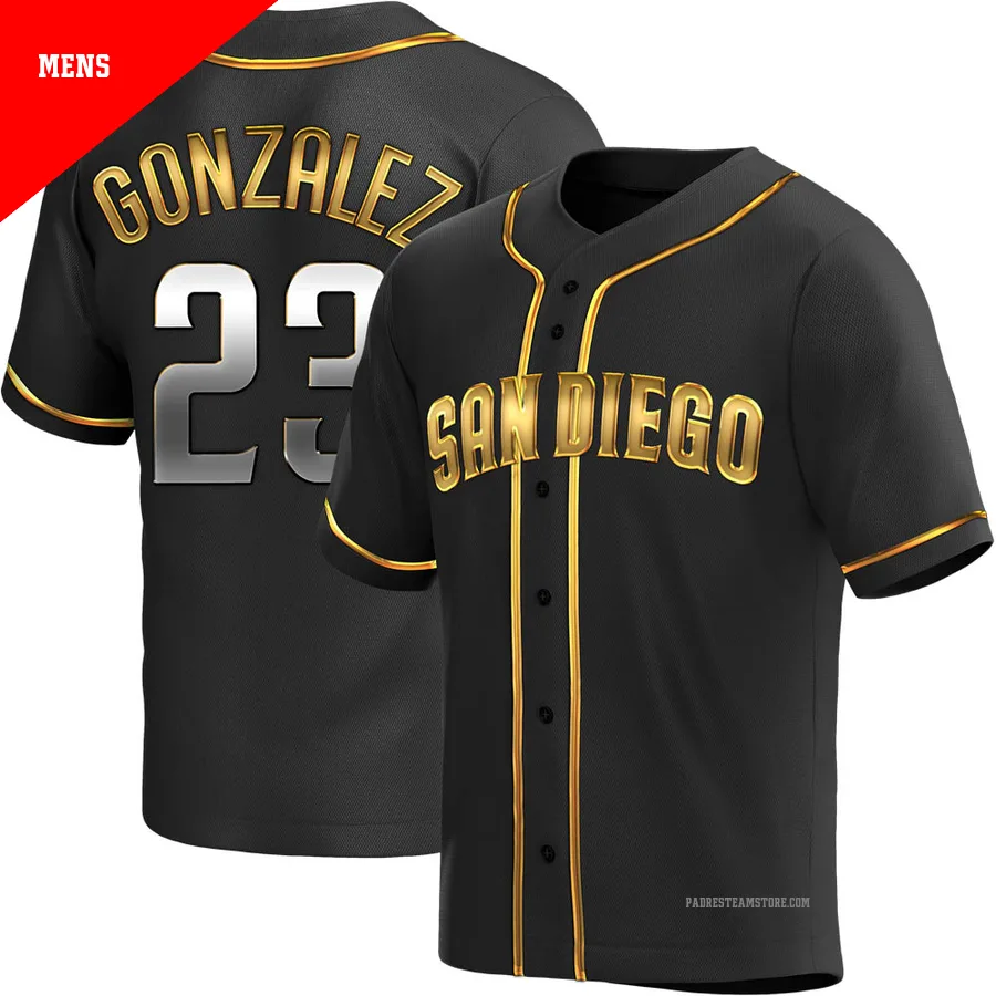 Men's San Diego Padres ＃23 Adrian Gonzalez Gold Replica Black en Alternate Jersey