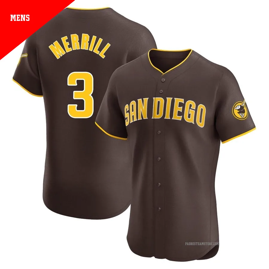 Men's San Diego Padres ＃3 Jackson Merrill Brown Elite Road Vapor Premier Jersey