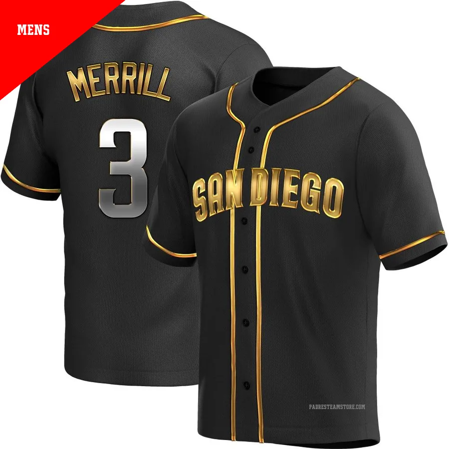 Men's San Diego Padres ＃3 Jackson Merrill Gold Replica Black en Alternate Jersey