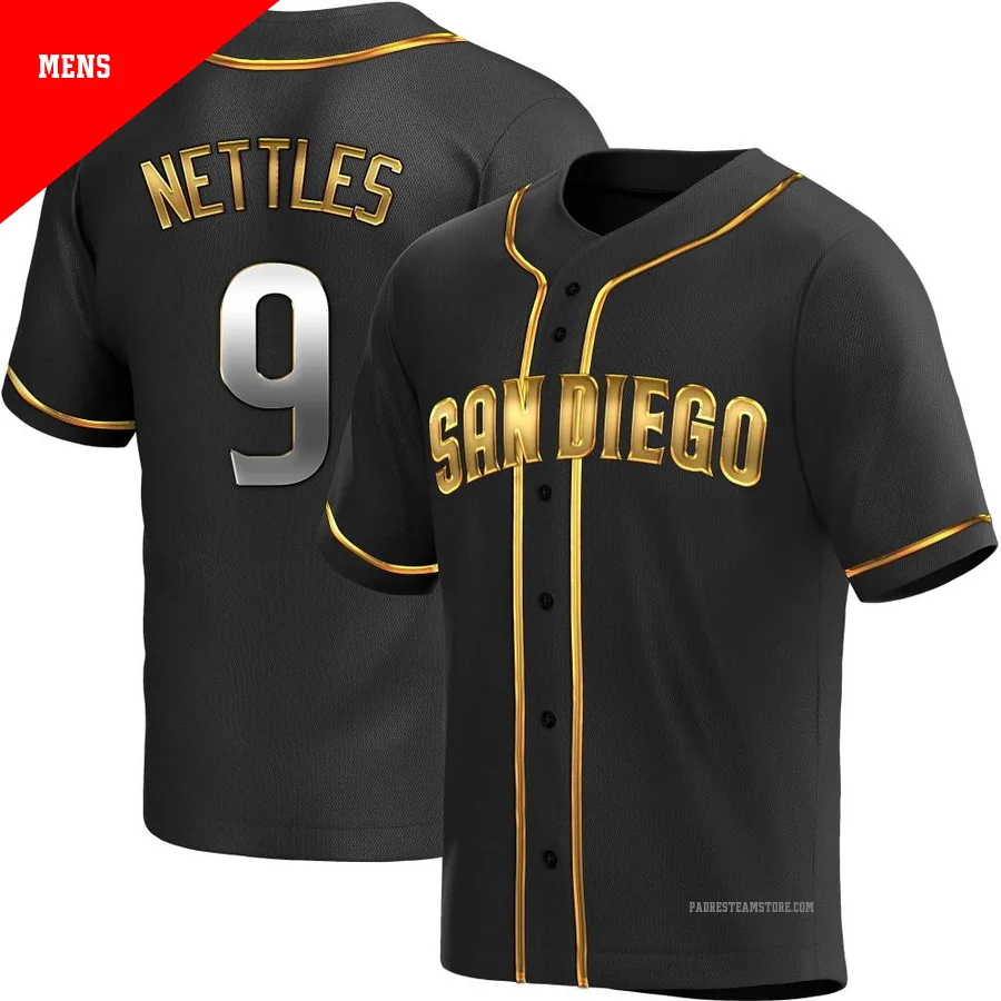 Men's San Diego Padres ＃9 Graig Nettles Gold Replica Black en Alternate Jersey