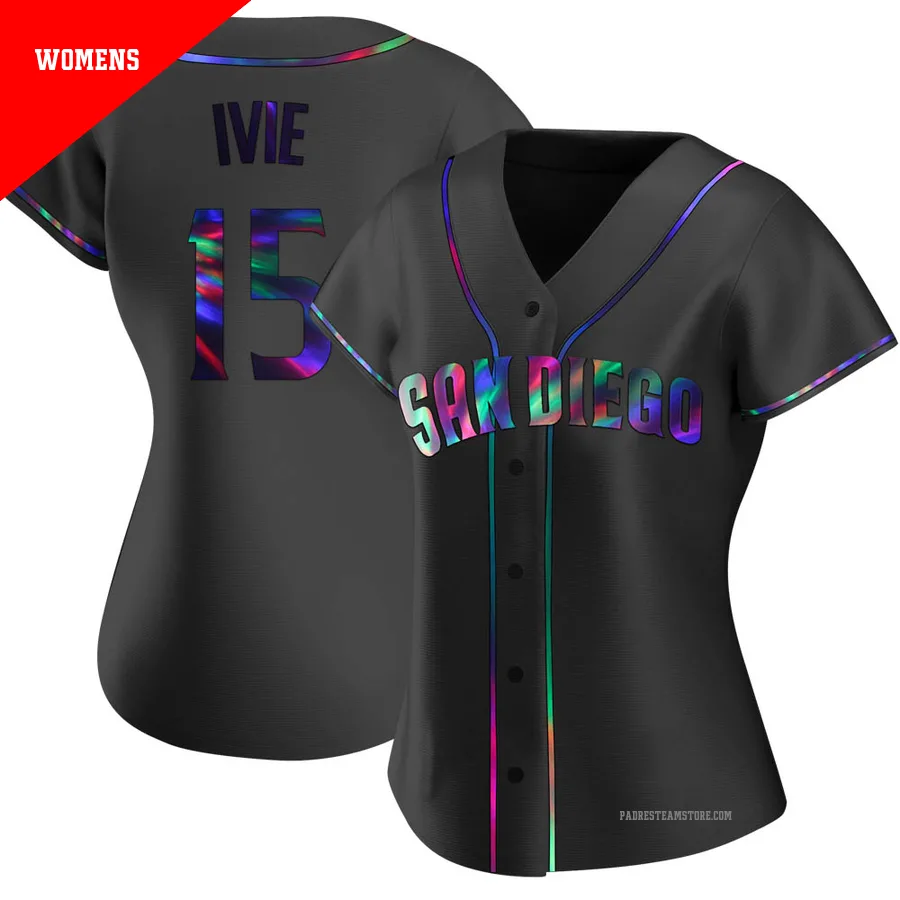 Women's San Diego Padres ＃15 Mike Ivie Black Replica Holographic Alternate Jersey