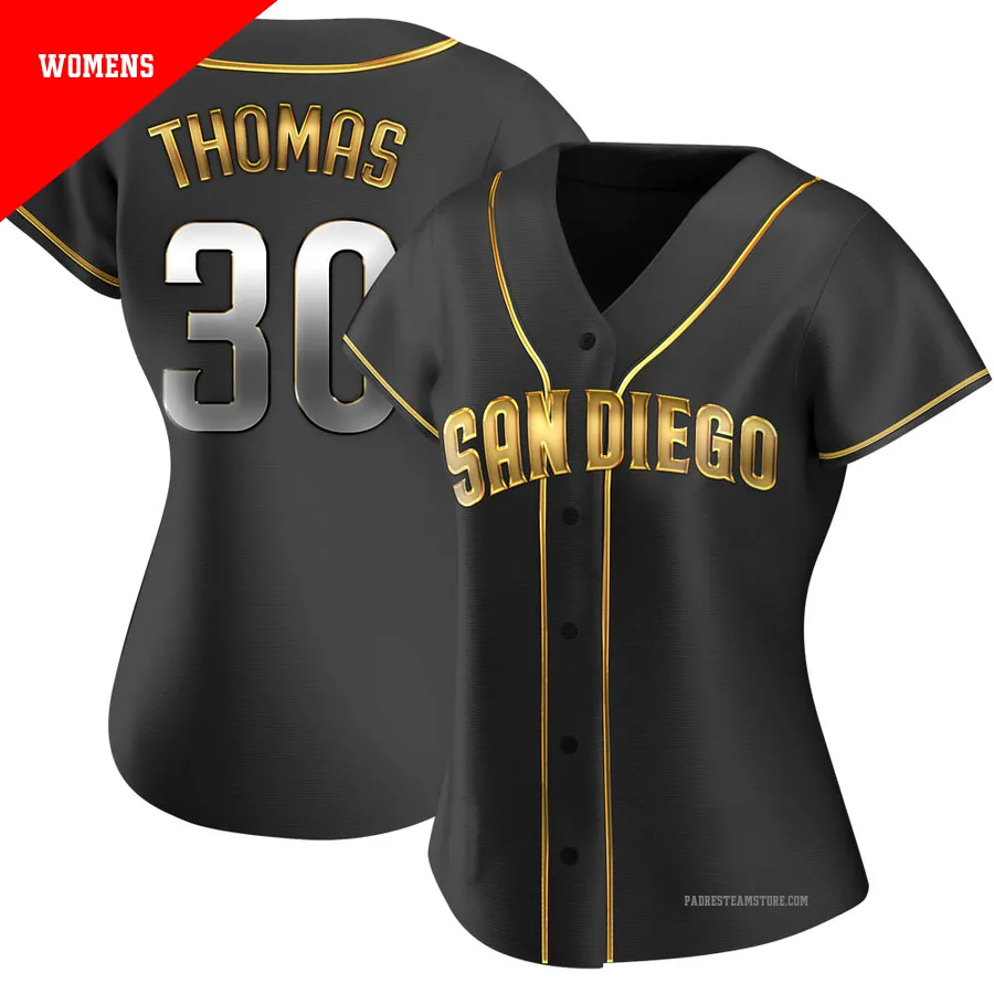 Women's San Diego Padres ＃30 Derrel Thomas Gold Replica Black en Alternate Jersey