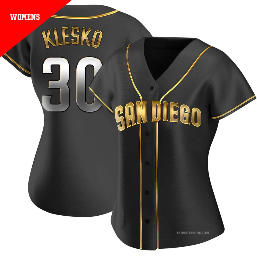 Women's San Diego Padres ＃30 Ryan Klesko Gold Replica Black en Alternate Jersey
