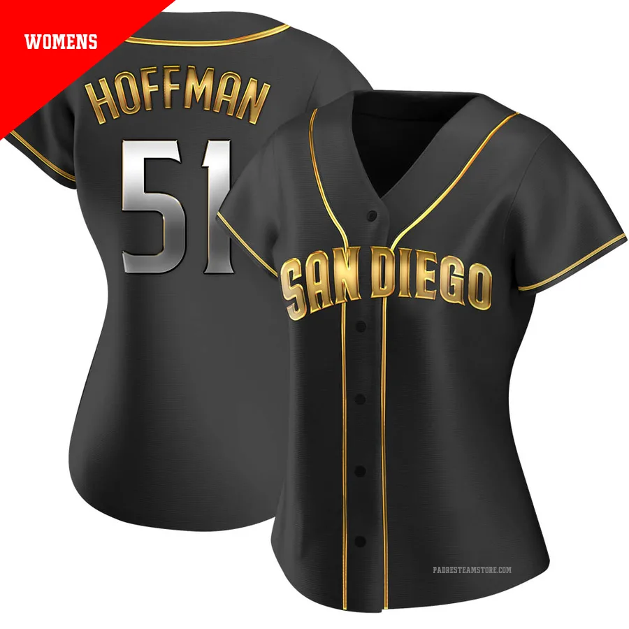 Women's San Diego Padres ＃51 Trevor Hoffman Gold Replica Black en Alternate Jersey