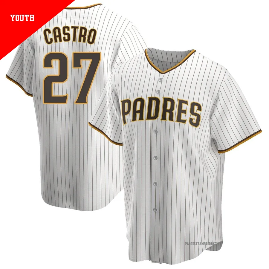 Youth San Diego Padres ＃27 Manuel Castro White/Brown Replica Home Jersey
