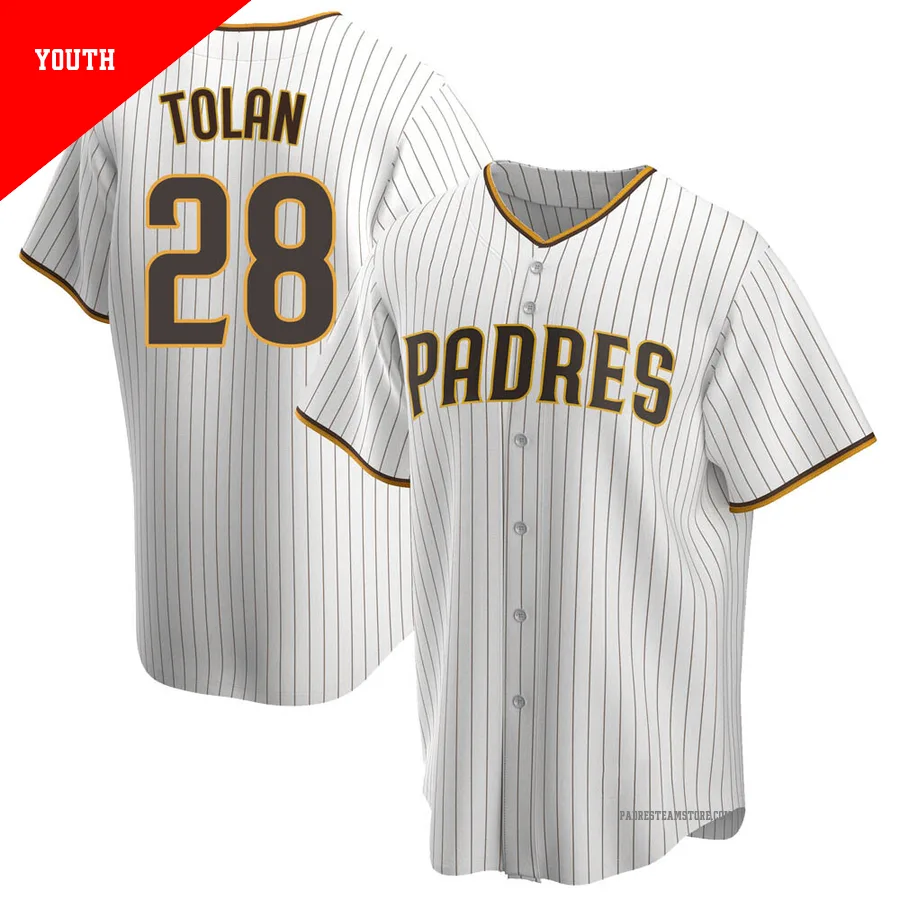 Youth San Diego Padres ＃28 Bobby Tolan White/Brown Replica Home Jersey