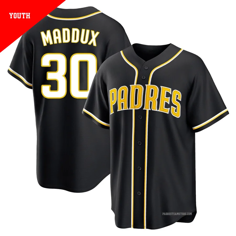 Youth San Diego Padres ＃30 Greg Maddux Black Replica Fashion Out Jersey