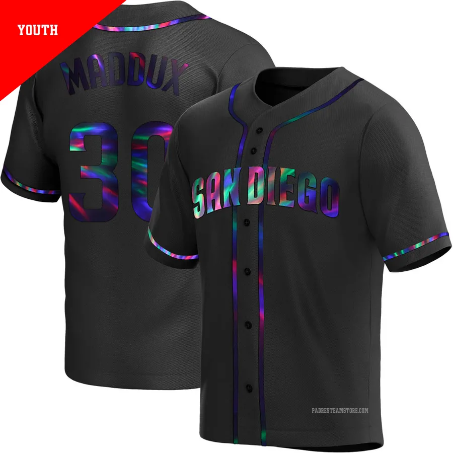 Youth San Diego Padres ＃30 Greg Maddux Black Replica Holographic Alternate Jersey