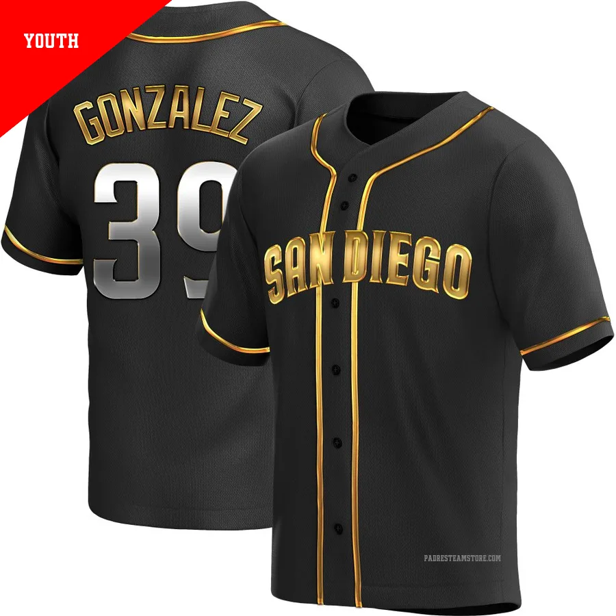 Youth San Diego Padres ＃39 Oscar Gonzalez Gold Replica Black en Alternate Jersey
